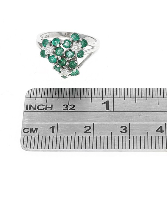 Emerald and Diamond Flower Cluster Ring in White Gold